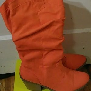Coral suede cowboy boots